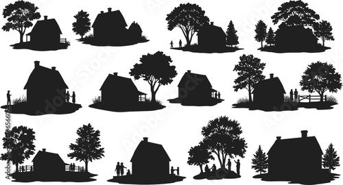 House silhouette illustration set, rural and suburban scenes, tree and people vector, residential lifestyle design, nature dwelling graphics collection