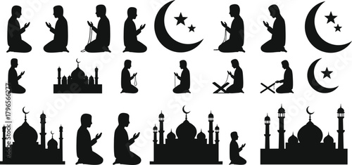 Islamic silhouette illustration set, prayer posture and mosque vector, crescent moon icon design, religious practice graphics, faith symbol collection