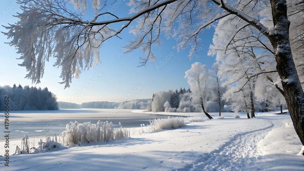 Obraz premium winter landscape with trees and snow,winter, snow, tree, landscape, frost, white, nature, forest, cold, trees, road, park, path, outdoor, day, snowy, wood, river, frozen, ice, outdoors, blue, sky, sea