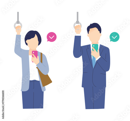 つり革につかまってスマホを見るビジネスパーソンのイラスト素材