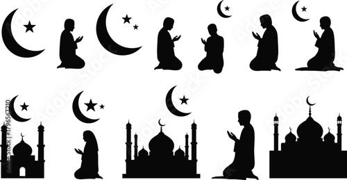 Islamic prayer and mosque silhouette set, religious posture vector, crescent moon icon design, spiritual practice illustration, faith symbol collection