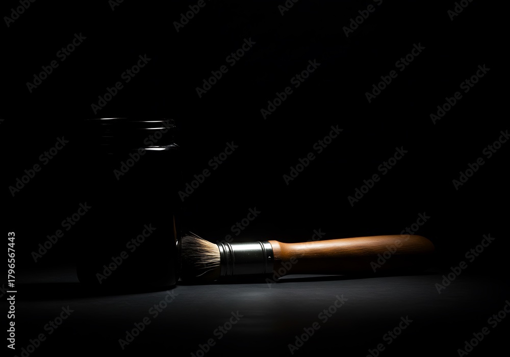 Naklejka premium Artistic paintbrush on dark background with spotlight and dramatic lighting