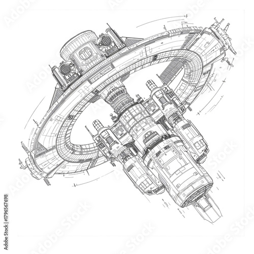 black and white line art illustrations of Futuristic Space Stations