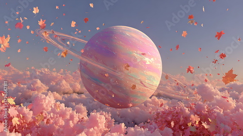 Orbiting ring of autumn leaves around a pastel planet, soft gradient sky, whimsical sci-fi illustration.