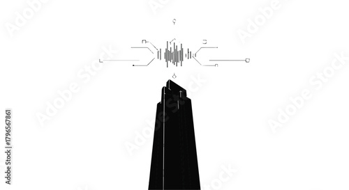Abstract illustration of complex data visualization above a dark tower structure.