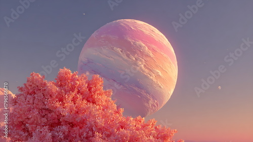 Orbiting ring of autumn leaves around a pastel planet, soft gradient sky, whimsical sci-fi illustration.