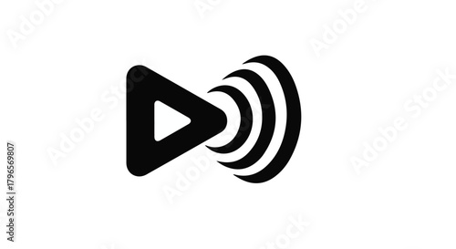 Abstract symbol of digital media playback with sound waves emanating outwards, representing communication and broadcast.
