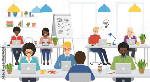 Diverse team collaborates in modern office space using laptops and tablets together