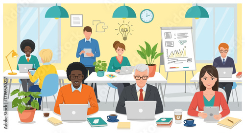 Diverse team collaborates in a modern office space with laptops and presentation board