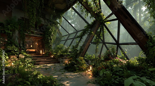 Post-apocalyptic greenhouse built inside a ruined skyscraper, vines and fog, warm golden backlight, high-detail concept art.