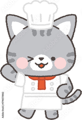 片手を挙げてウインクするサバトラネコのシェフ