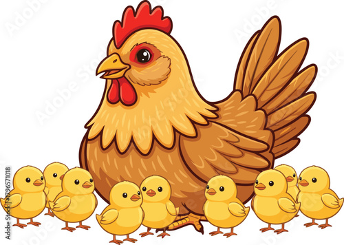 Cute mother hen with adorable yellow chicks, happy cartoon chicken family illustration symbolizing love, care, motherhood, and farm animal life.