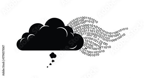 Digital cloud concept with binary code flowing out, representing data transfer and technology.