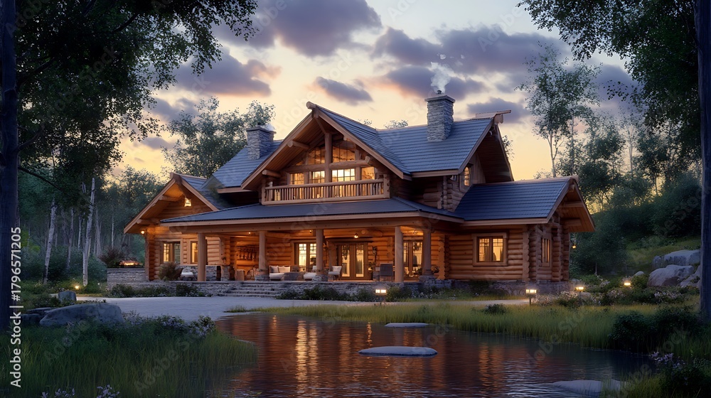 Obraz premium Stunning log cabin with warm lighting reflecting on the water at dusk