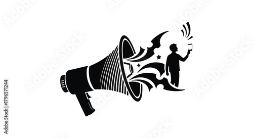 Megaphone announces emerging ideas and innovation with person holding smartphone