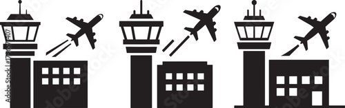Three airport control towers with airplanes taking off silhouette