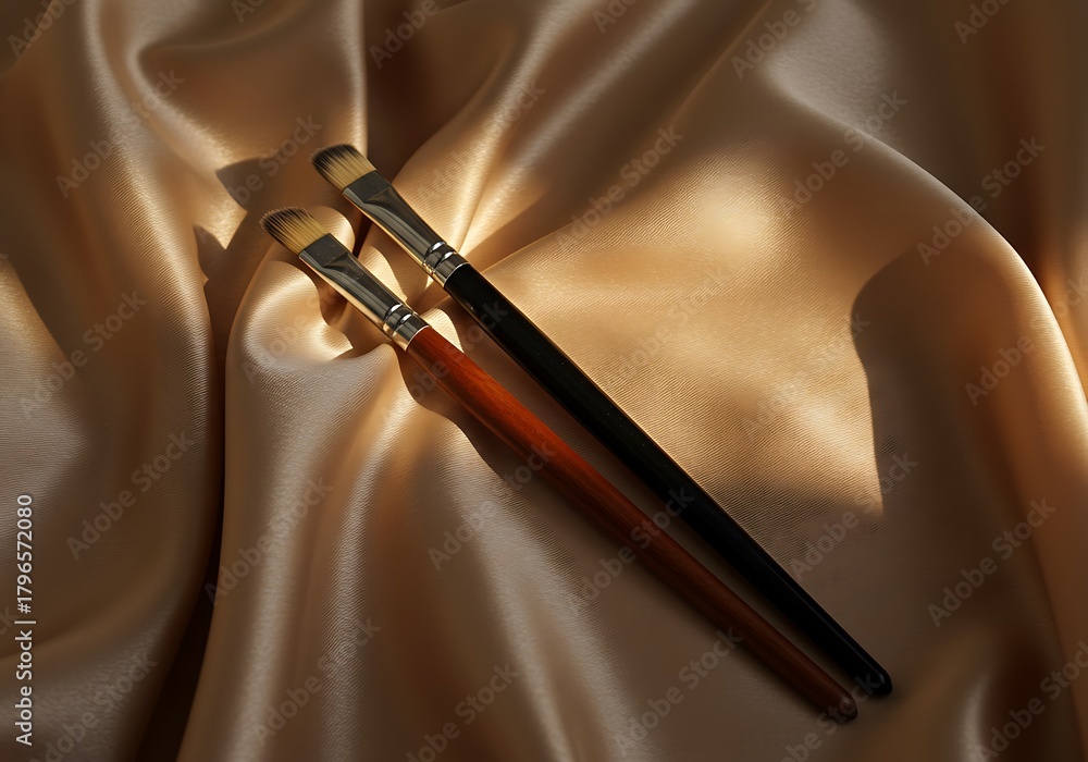 Naklejka premium Makeup brushes rest on draped fabric highlighting beauty and artistic tools