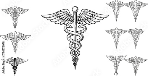 Caduceus symbol illustration, medical icon variations, healthcare emblem, serpent staff, wings, medicine design, hospital logo, vector art, healing concept, graphic