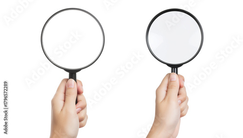 Set of two hands holding magnifying glasses, loupe or lens, isolated PNG with transparent background, ideal for research, investigation, detective, and creative compositing