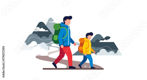 Father And Son Adventurers Hiking In Mountains Together In The Wilderness