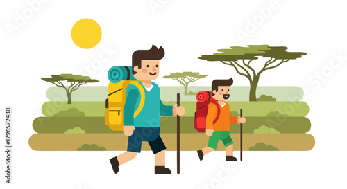 Father And Son Adventuring Together With Their Backpacks Under The Bright Sunlight