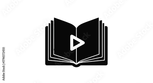 Open book with play button symbol, representing multimedia learning or digital content
