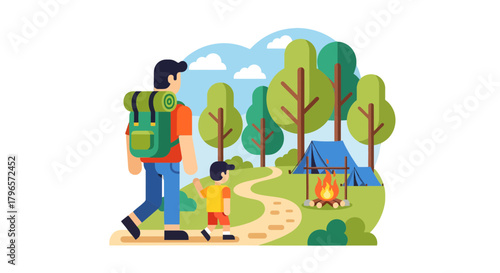 Father And Son Exploring Nature, Camping And Enjoying The Outdoors Together