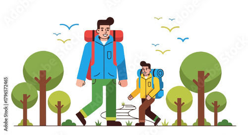 Father And Son Hiking Together During Daylight Hours in the Wilderness Expedition