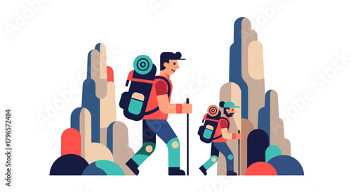 Father and Son Hiking Together Through the Mountains Adventure Illustration