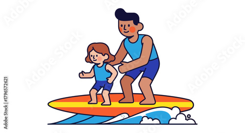 Father Guiding Daughter Learning Surfboarding, Coastal Adventure, Summer Vacation Fun
