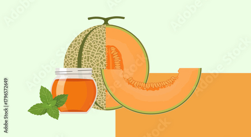 Fresh Cantaloupe Slices With Natural Honey And Green Mint Leaves On Colorful Backdrop