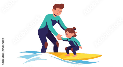 Father Helping Daughter Learn Surfing on the Ocean Waves with Cheerful Smiles.