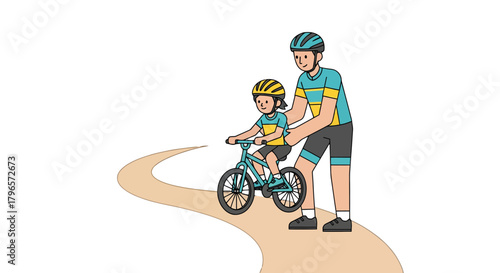 Father Supervises Child Learning To Cycle On Paved Path In Nighttime Scene
