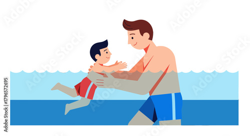 Father Holding Child While Teaching Him How To Swim In The Swimming Pool Happiness