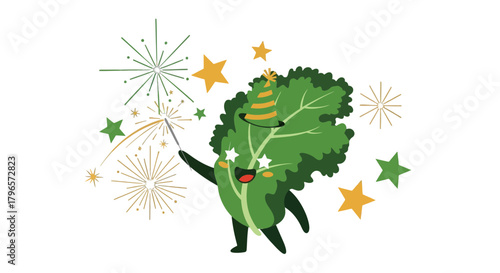 Festive Lettuce Character Celebrating With Fireworks, Stars, and a Party Hat Extravaganza