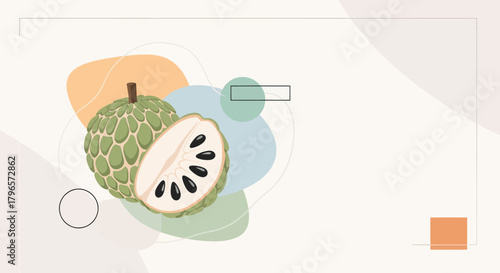 Fresh Custard Apple Illustration Against Abstract Pastel Geometric Background Design