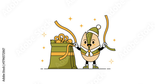 Festive Pistachio Character Holding Ribbons Near a Gift Bag With Starry Accents