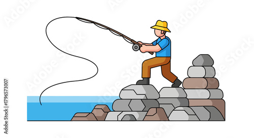 Fisherman Casting A Line: Engaging Cartoon Illustration Of A Peaceful Activity