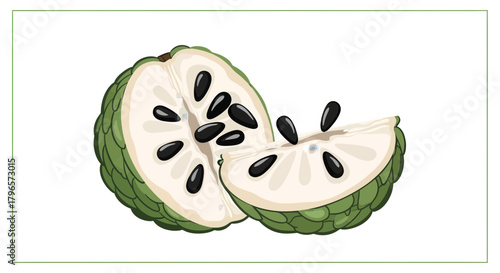 Fresh Custard Apple Slice with Black Seeds, Isolated on White Background, Minimalist Art