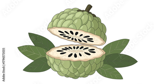 Fresh Custard Apple with Green Leaves Isolated on White Background for Commercial Use