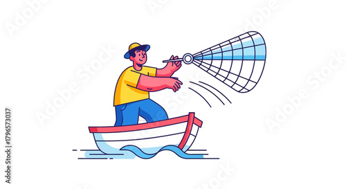 Fisherman Casting Net From Boat Illustration on Black Background Conceptual Design