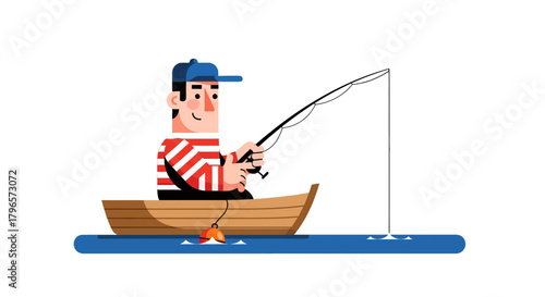 Fisherman Enthralled With His Catching Experience Amidst Water with Complete Focus