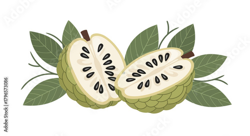 Fresh Custard Apples Sliced Presented With Leaves Botanical Composition In Digital Art