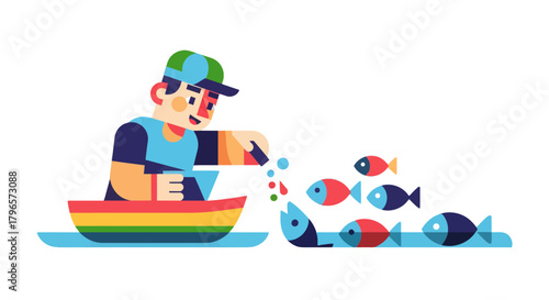 Fisherman Feeding Colorful Fishes In The Rainbow Boat With A Stylish Flat Design