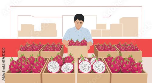 Fresh Dragon Fruit Display: A Fruit Seller Arranges Pitaya at A Produce Market