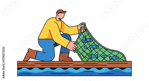 Fisherman Retrieving A Fish Net Filled With Caught Fish, Cartoon Vector Illustration