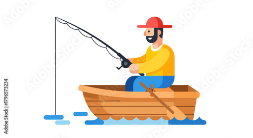 Fisherman Silhouetted Casting a Fishing Rod in a Wooden Boat on a Dark Background