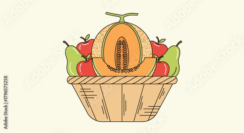 Fresh Fruit Basket Illustration Featuring Apples, Pears and a Sectioned Melon
