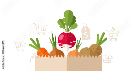 Fresh Grocery Items in a Brown Paper Bag with Shopping Carts and a Price Tag
