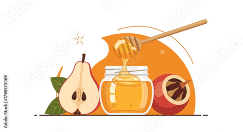 Fresh Honey Pouring From Dipper Next To Pear And Exotic Fruit Presentation